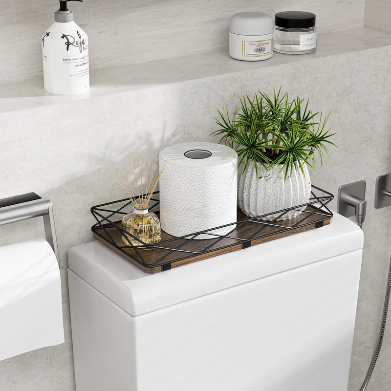 Lixple Toilet Paper Basket Holder, 13" Bathroom Tray Countertop, Wood and Metal Toilet Tank Tray Bathroom Vanity Organizer for Toiletry, Kitchen Sink Organizer for Soap Dispenser (Brown+Black) - Image 3